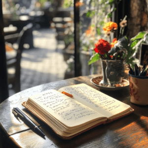 Livre ouvert sur une table avec un vase de fleurs, symbolisant la sérénité et la méditation