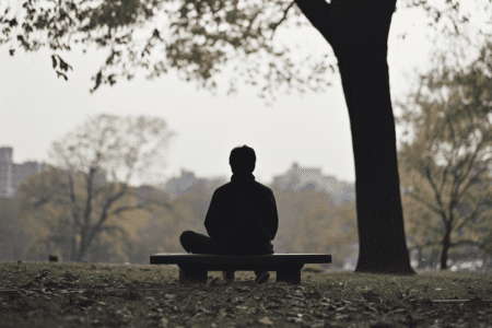 Personne assise en position de yogi sur un banc