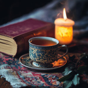 Tasse de thé posé sur une table aux cotés d'un livre et d'une bougie inspirant un moment de relaxation