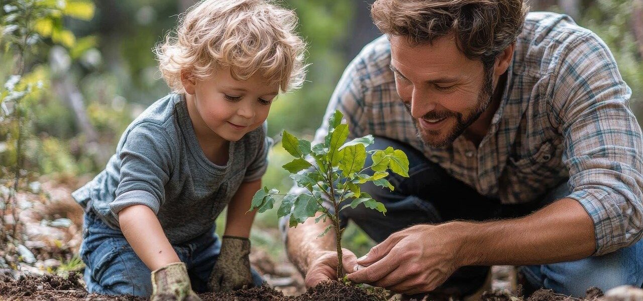 Un père qui observe son enfant planter un arbuste