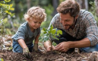 Un père qui observe son enfant planter un arbuste