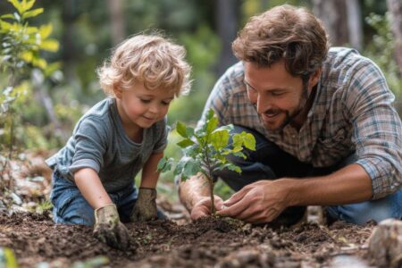 Un père qui observe son enfant planter un arbuste